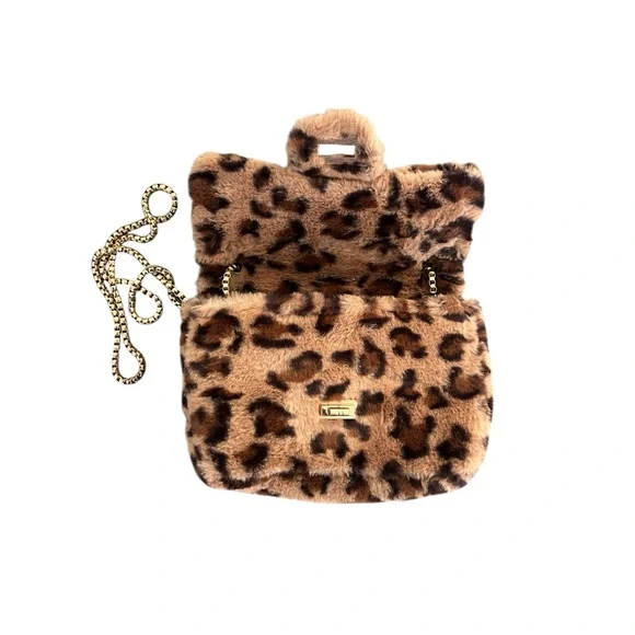 Faux Fur Leopard Print Bag Purse Gold Chain Link Strap Twist Lock Pocketbook - Picture 8 of 9